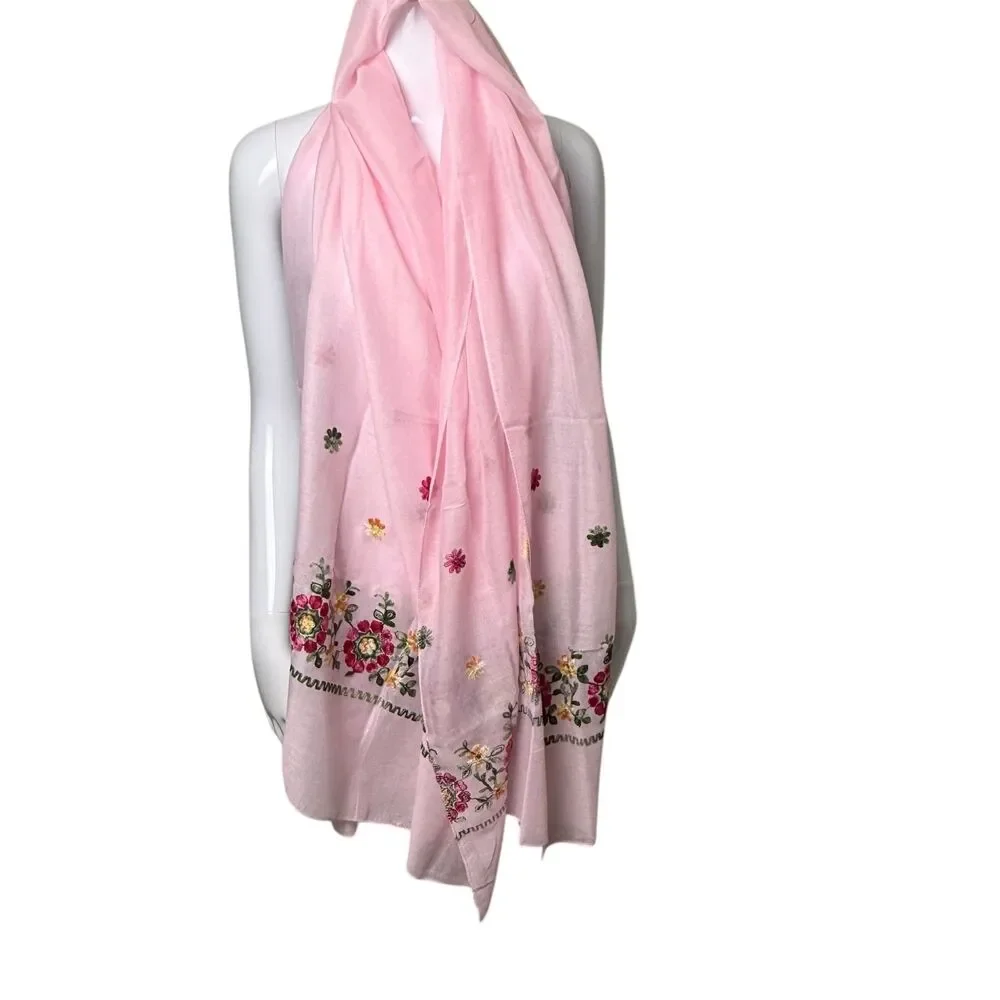 Pink Floral Embroidered Scarf Wrap Lightweight Shawl Feminine Semi Sheer 74x26in